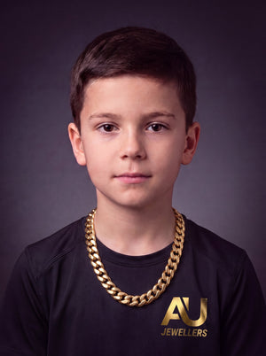 Kids Gold Filled Cuban Chain 11mm worn on model