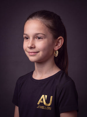 Kids Gold filled Creole Earrings 35mm (Wide) worn on model