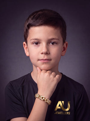 Kids 9ct Gold Filled Lego Bracelet 13mm worn on model