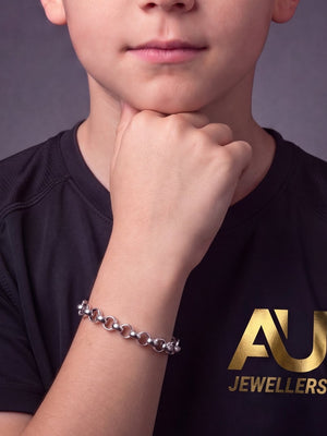 Kids Silver Belcher Bracelet 10mm worn on model, close-up