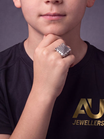 Kids Silver Castle Pyramid Ring worn on model, close-up