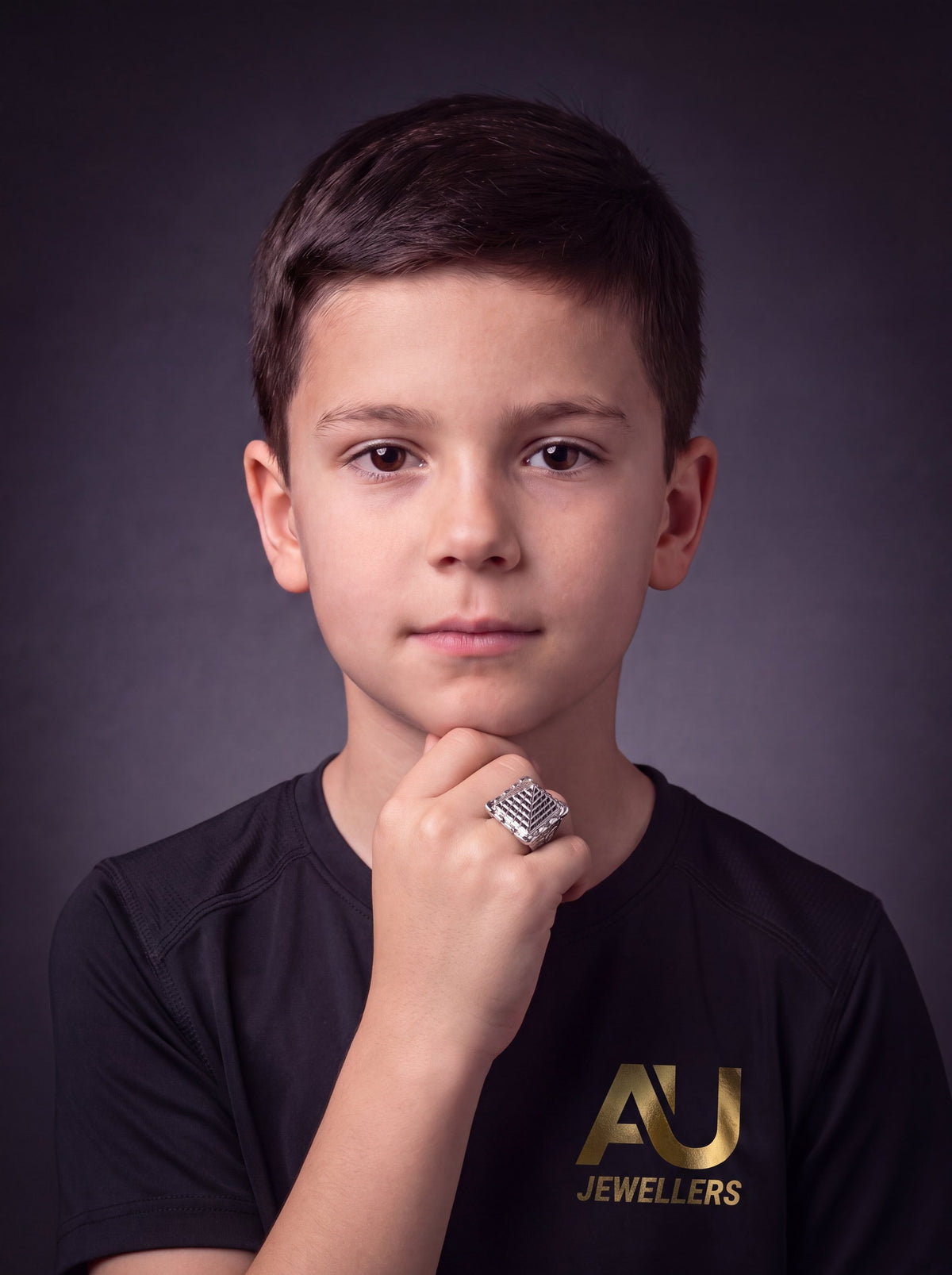 Kids Silver Castle Pyramid Ring worn on model