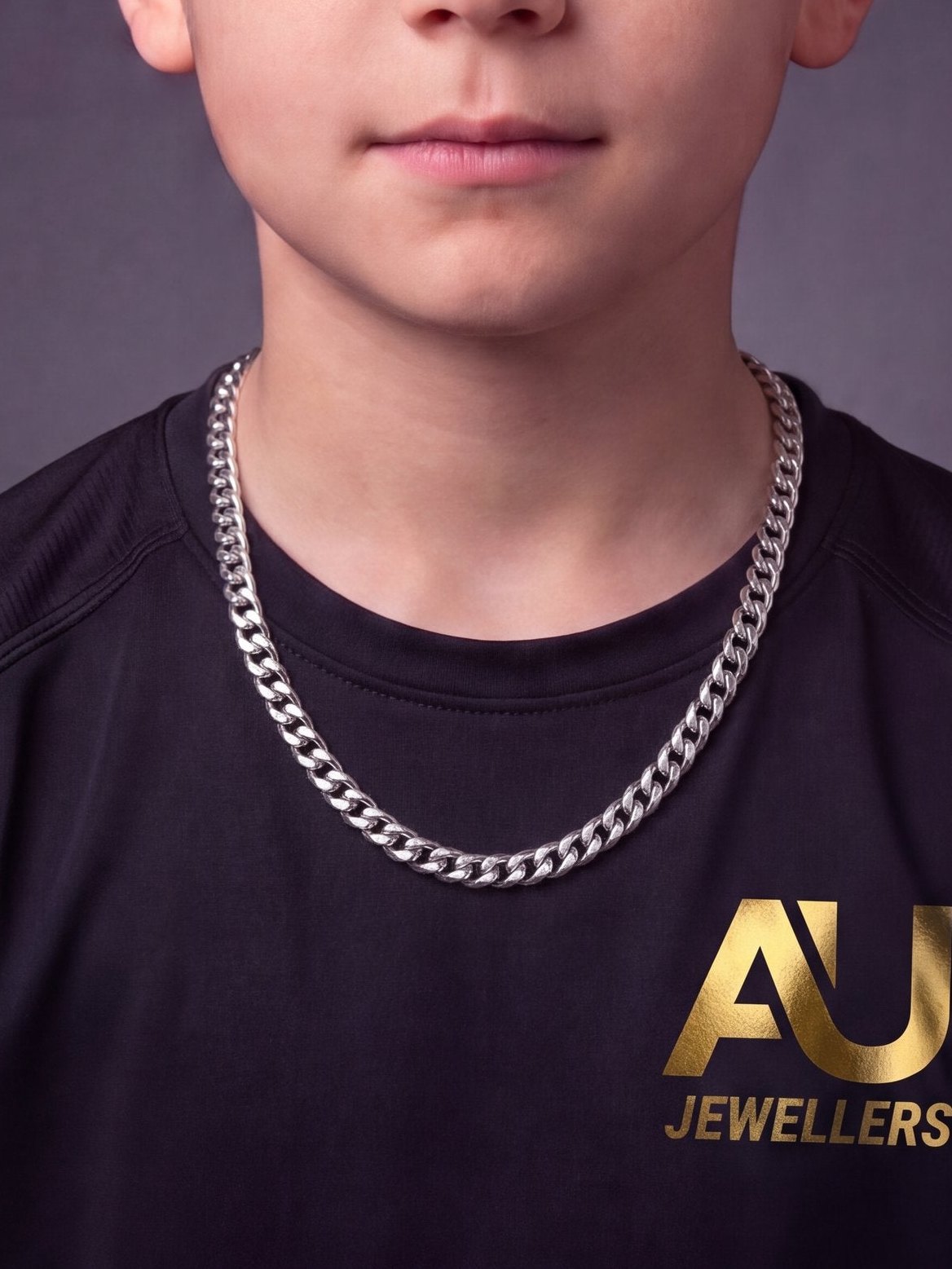 Kids Silver Cuban Chain - 3mm to 11mm worn on model, close-up