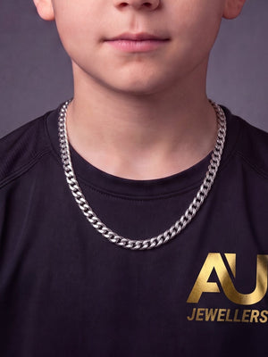 Kids Silver Cuban Chain - 3mm to 11mm worn on model, close-up