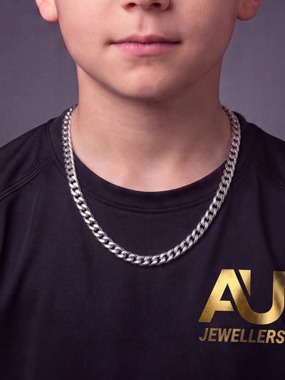 Kids Silver Cuban Chain - 3mm to 11mm worn on model, close-up
