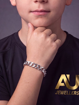 Kids Silver Curb Bracelet 8mm worn on model, close-up