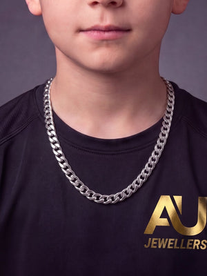 Kids Silver Curb Chain 8mm worn on model, close-up