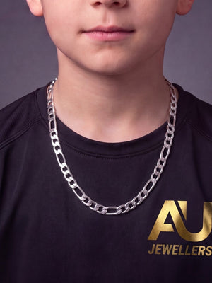 Kids Silver Figaro Chain 8mm worn on model, close-up