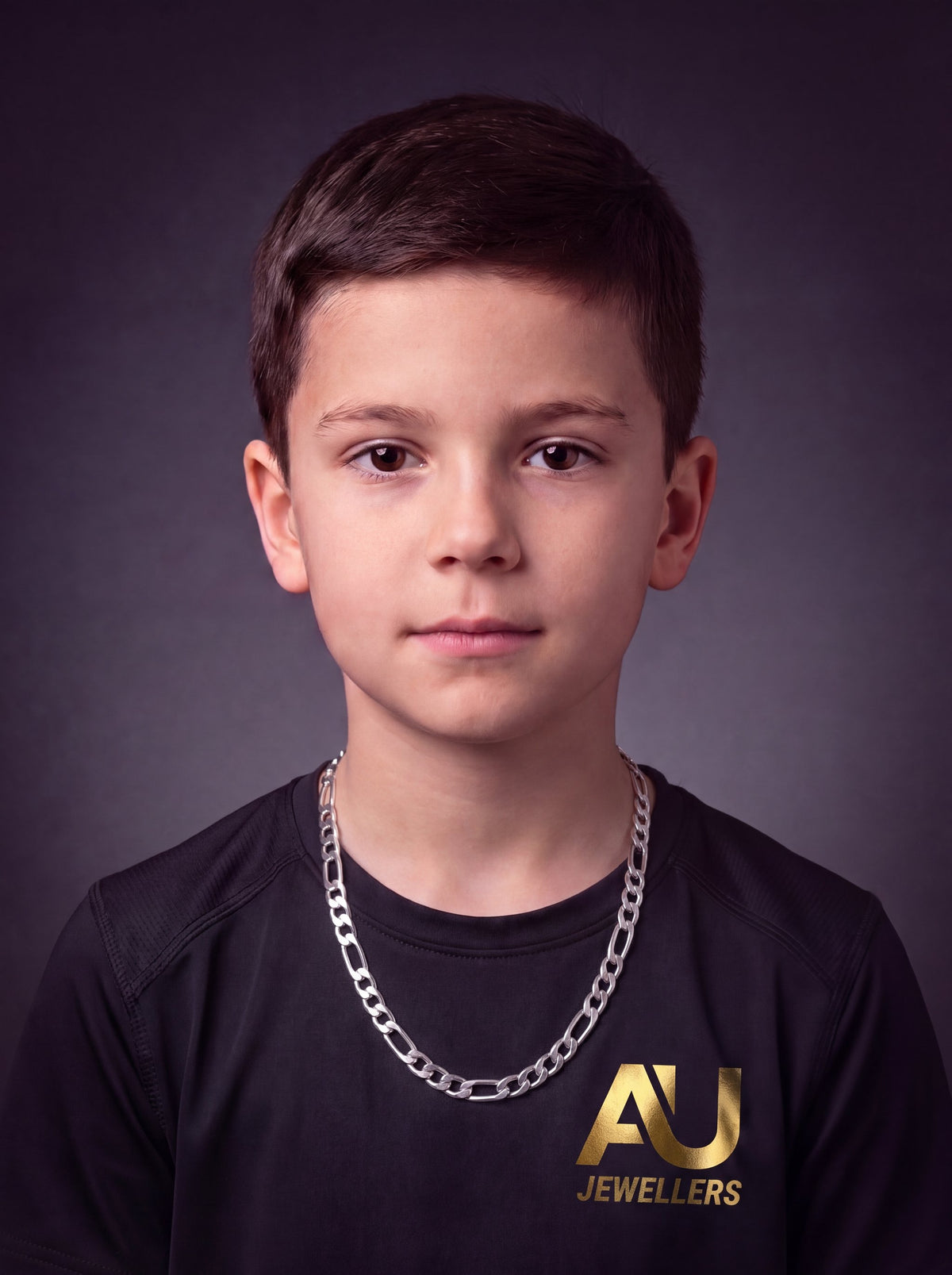 Kids Silver Figaro Chain 8mm worn on model