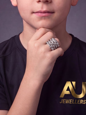 Kids Silver Huge 4 Row Keeper Ring worn on model, close-up