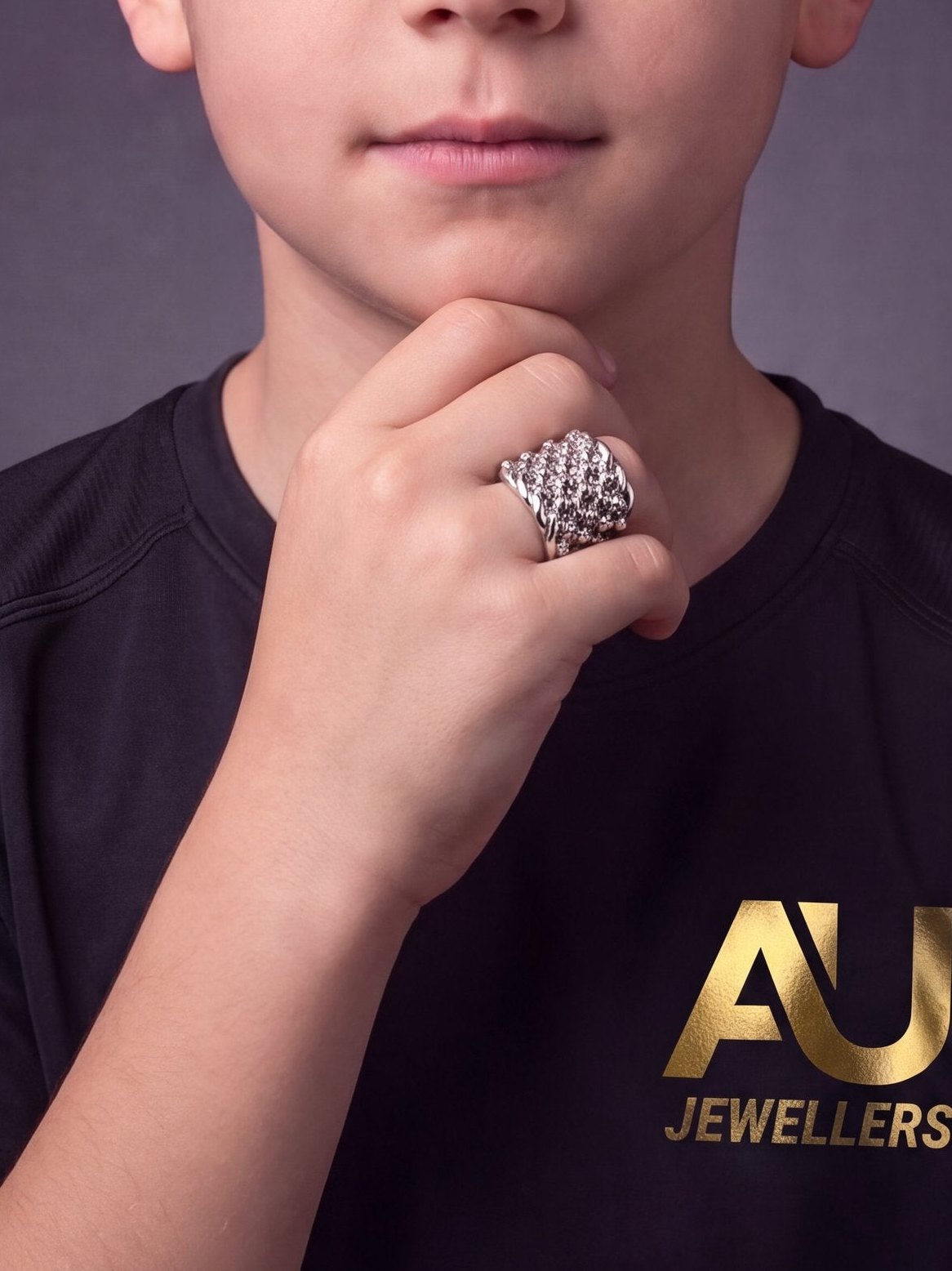 Kids Silver Huge 5 Row Keeper Ring worn on model, close-up
