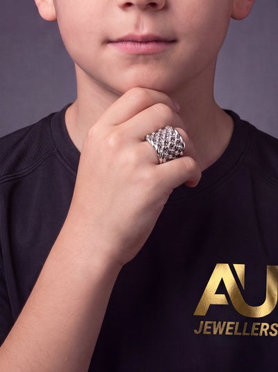 Kids Silver Huge 5 Row Keeper Ring worn on model, close-up