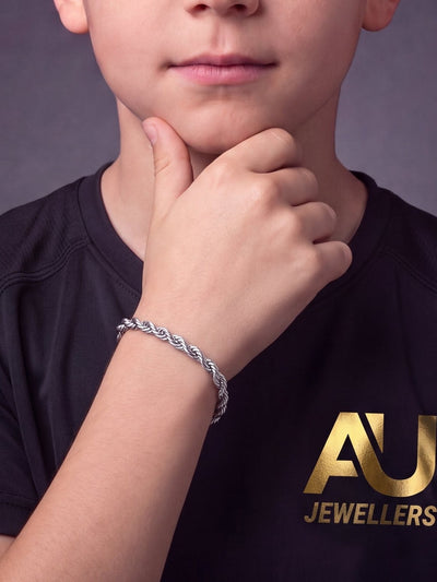 Kids Silver Rope Bracelet 8mm worn on model, close-up