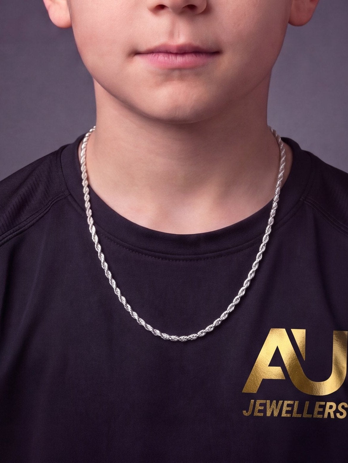 Kids Silver Rope Chain 3mm worn on model, close-up