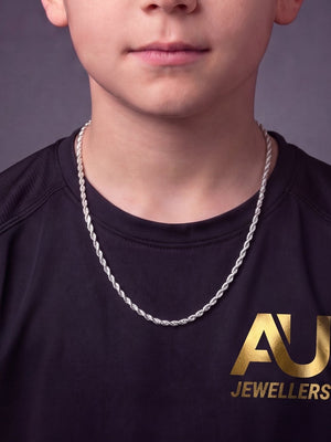 Kids Silver Rope Chain 3mm worn on model, close-up