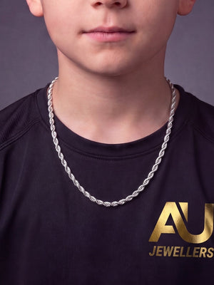 Kids Silver Rope Chain 6mm worn on model, close-up