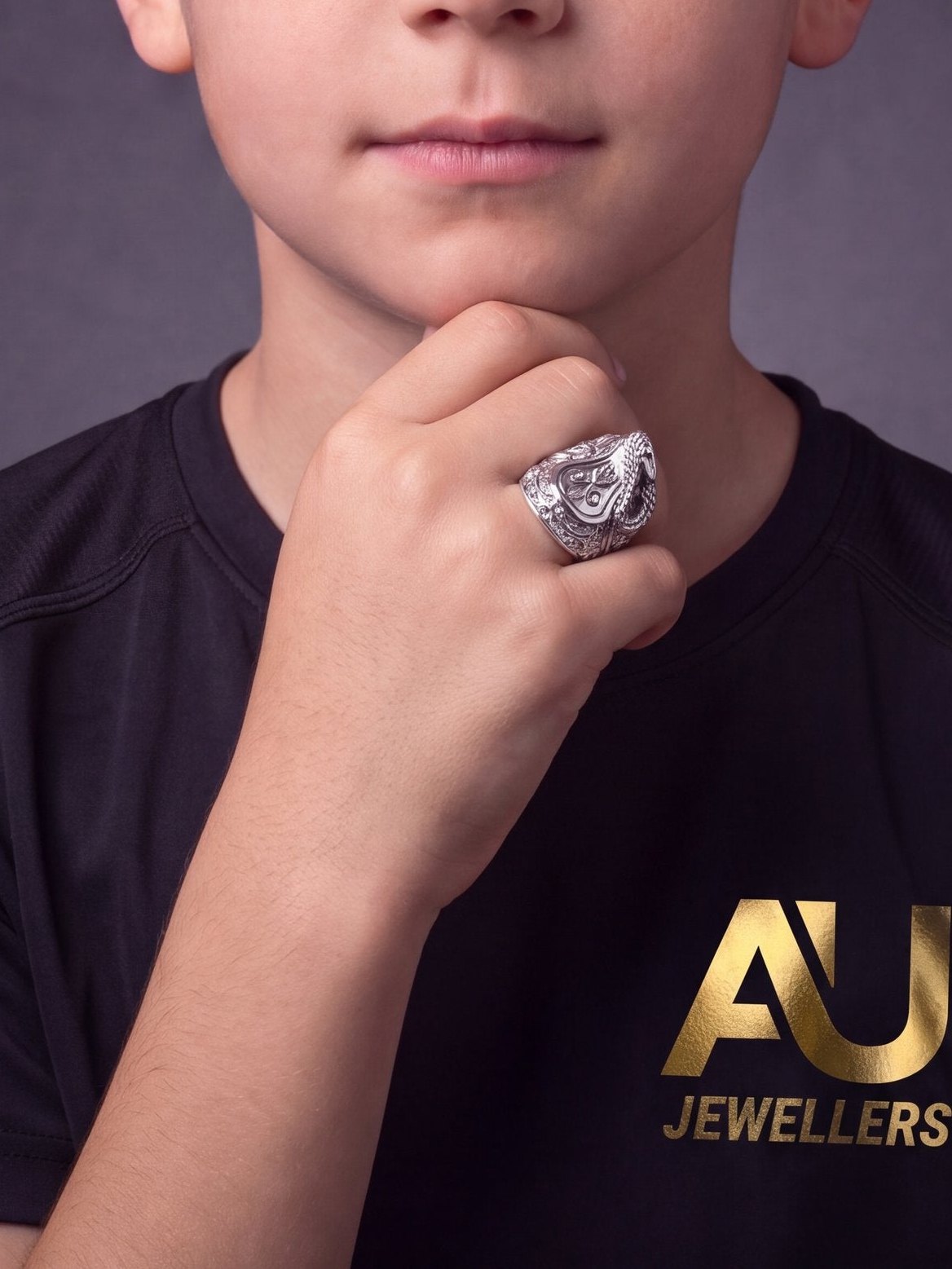 Kids Silver Saddle Ring worn on model, close-up