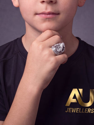 Kids Silver Saddle Ring worn on model, close-up