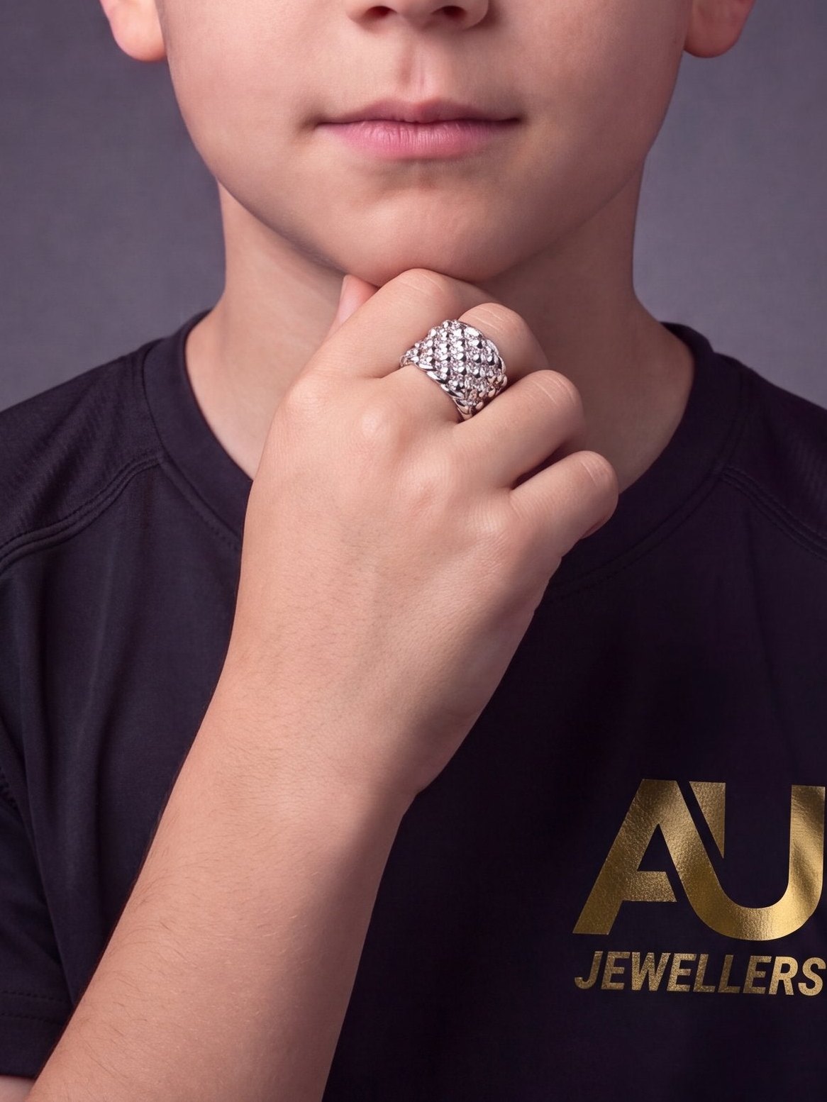 Kids Silver Small 5 Row Keeper Ring worn on model, close-up