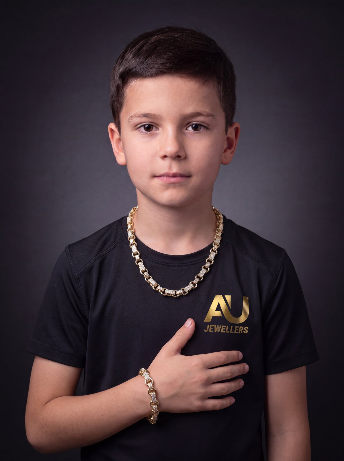 Kids White Gold Filled Diamond Gypsy Link Belcher Set 10mm worn on model