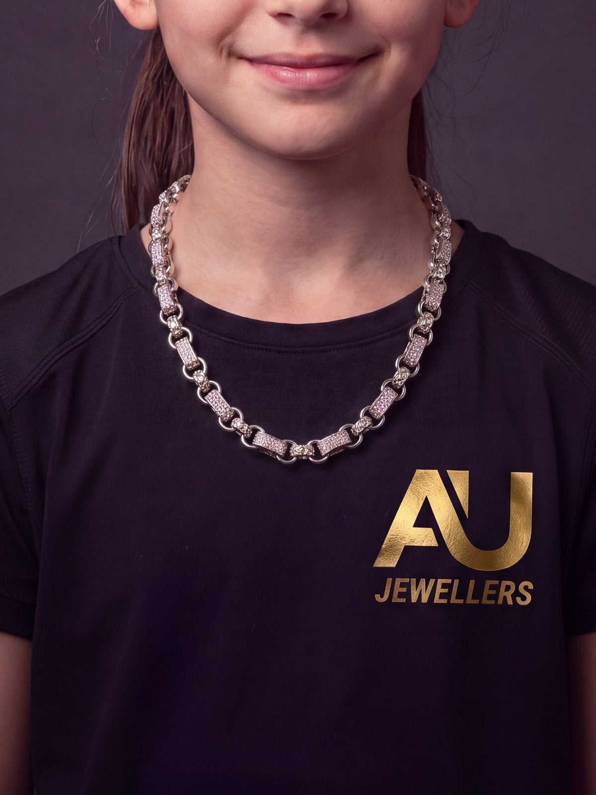 Kids White Gold Filled Pink Diamond Gypsy Link Belcher Chain 10mm worn on model, close-up