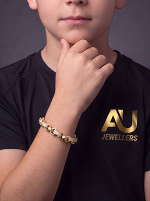 Kids Yellow Gold Filled Diamond Gypsy Link Belcher Bracelet 10mm worn on model, close-up