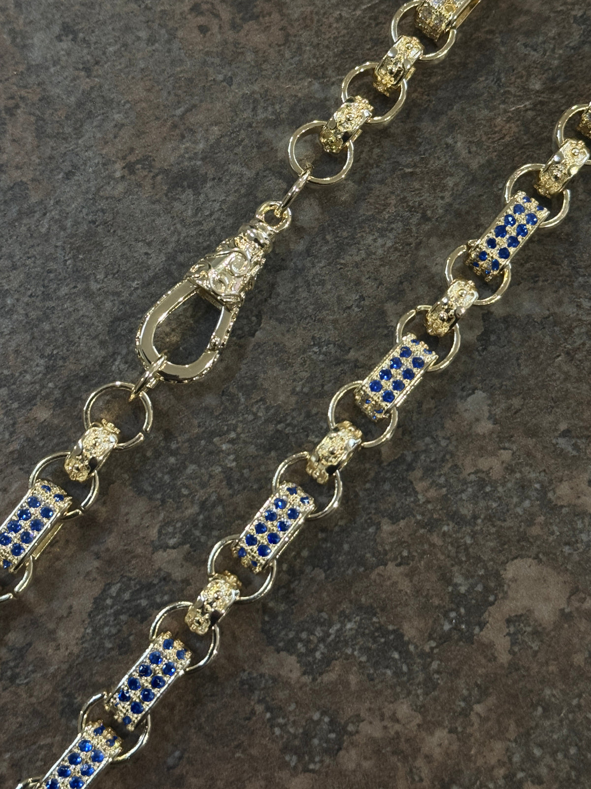 10mm blue diamond gypsy link belcher chain in white gold filled