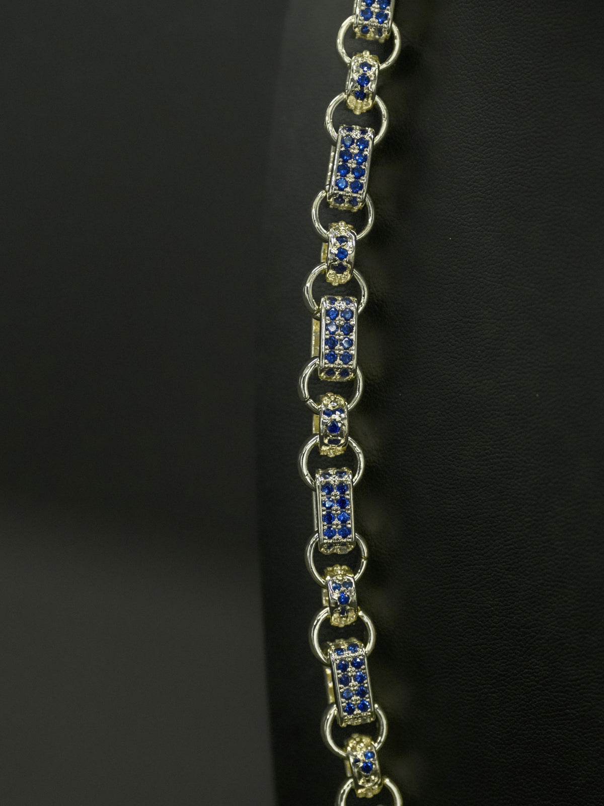 Blue stone gypsy link detail on white gold filled belcher chain 10mm