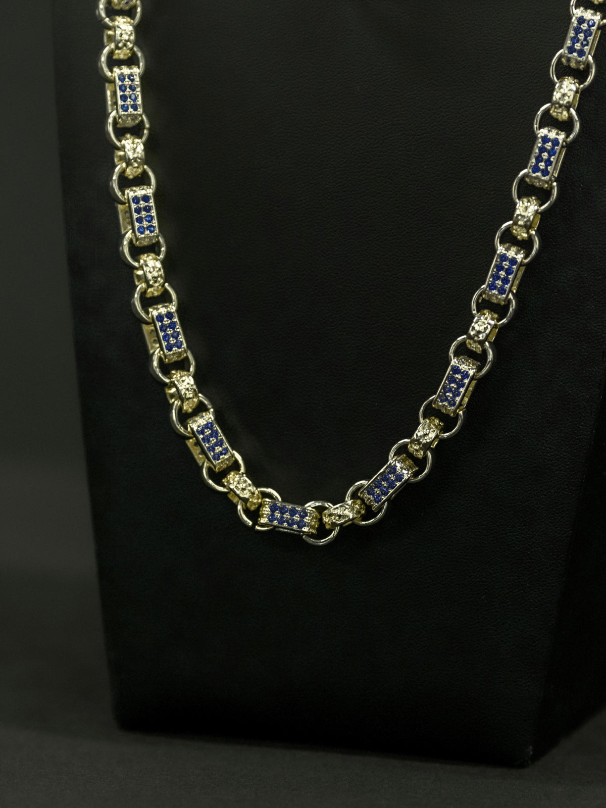 White gold filled blue diamond gypsy link belcher chain 10mm on bust