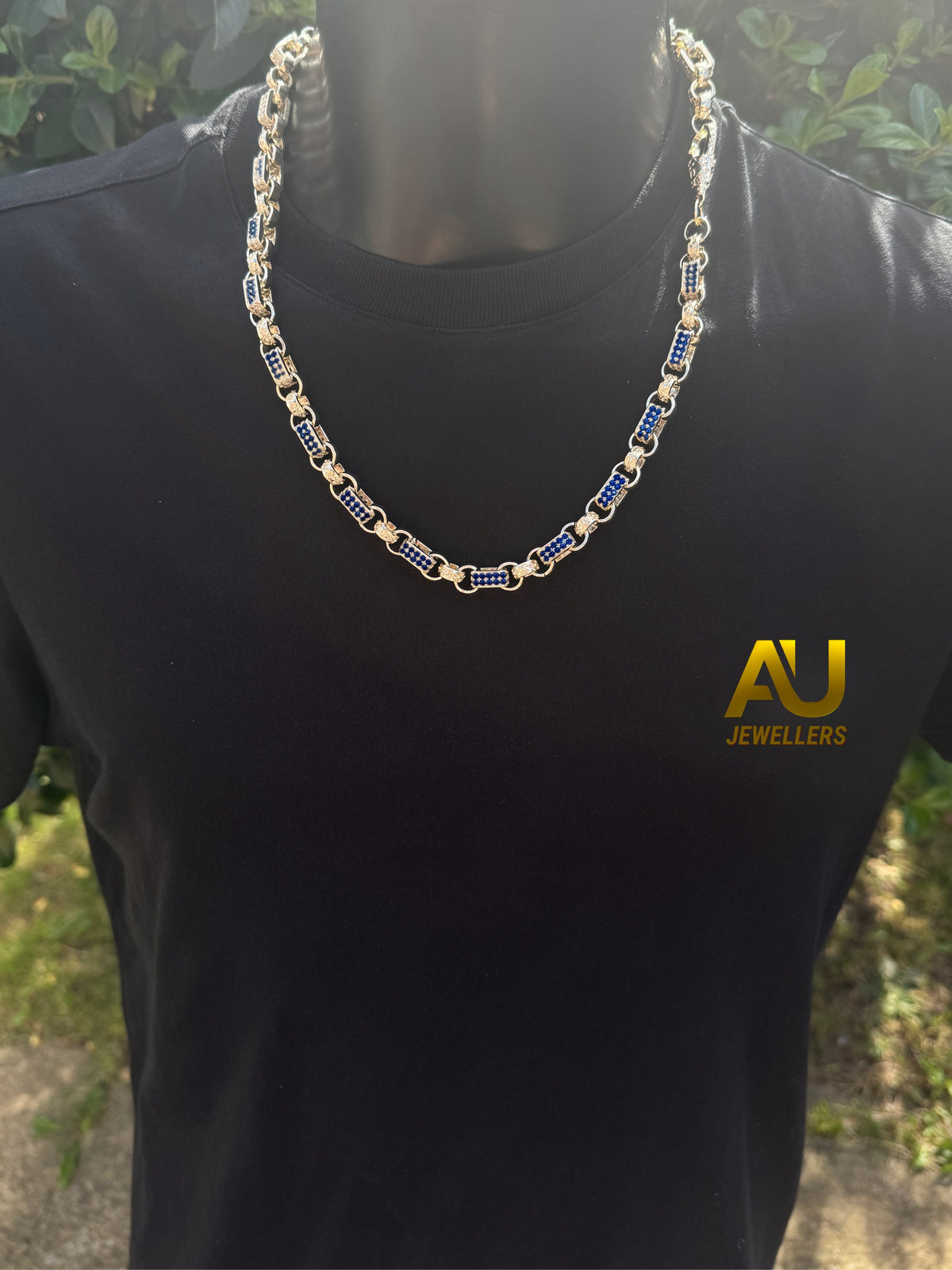 Blue diamond gypsy link belcher chain 10mm white gold filled men's chain
