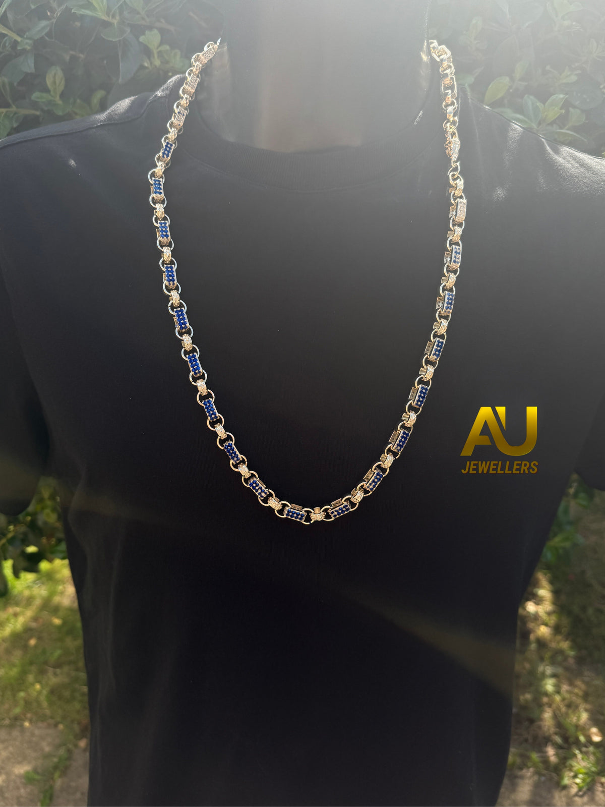 White gold filled 10mm gypsy link belcher chain with blue stones