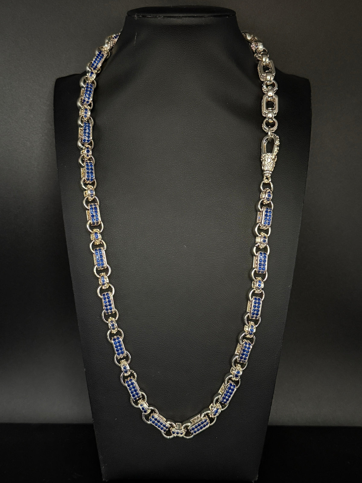 White gold filled blue diamond gypsy link belcher chain 10mm on bust