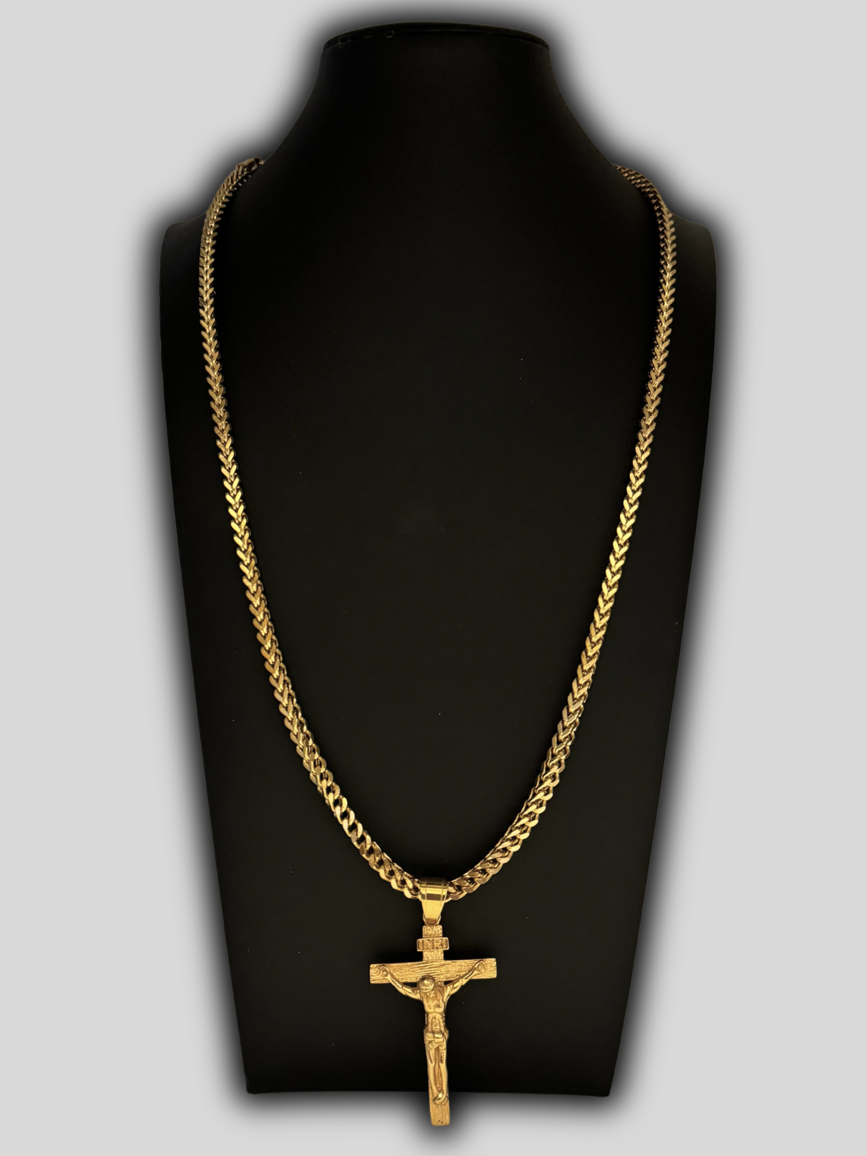 Gold Filled Crusifix Pendant On A 4mm Franco Chain Au Jewellers