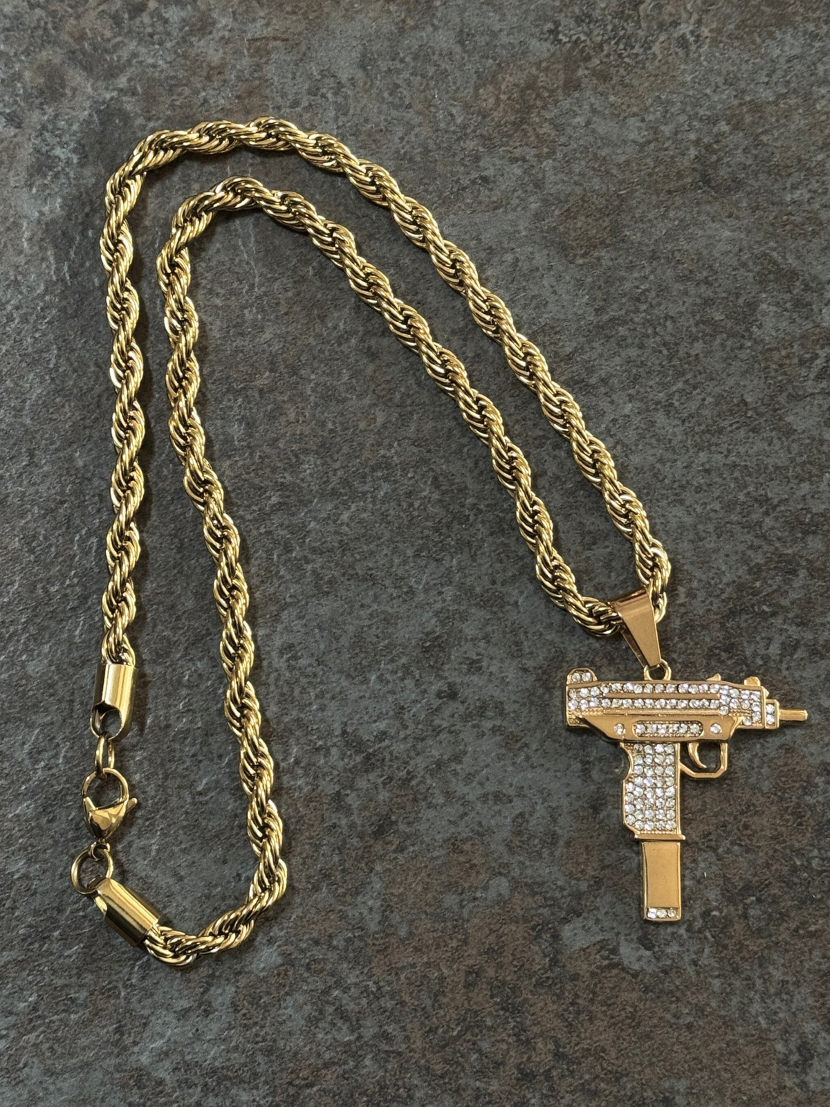 Gold Filled Uzi Pendant On A 6mm Rope Chain